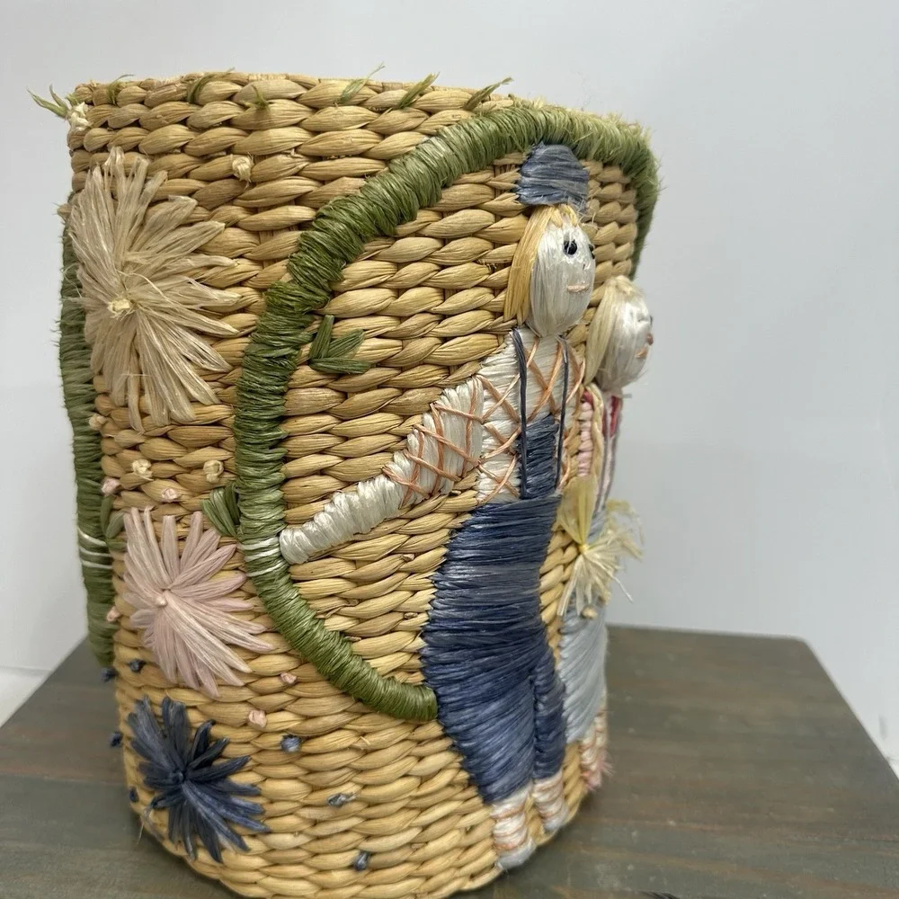 Vintage Woven Straw Raffia Lined Basket Embroidered Scarecrow Whimsical Fall